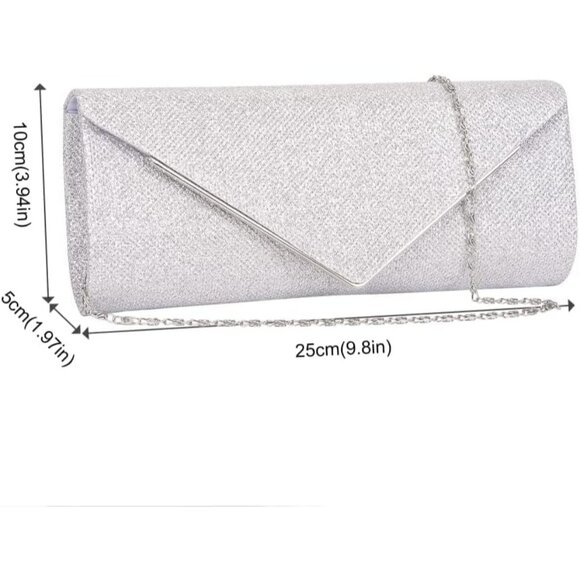 Women's Silver Clutch Purses Sparkling Envelope Evening Bag Detachable Chain - Picture 8 of 8